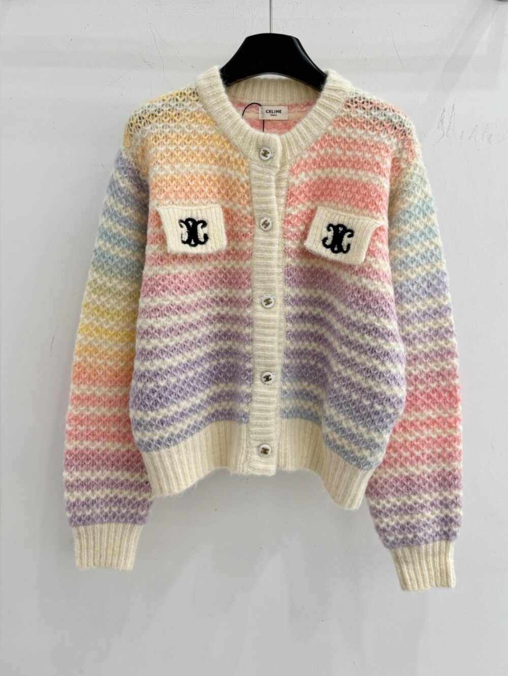 Celine Cream-Trim Pastel Striped Knit Cardigan